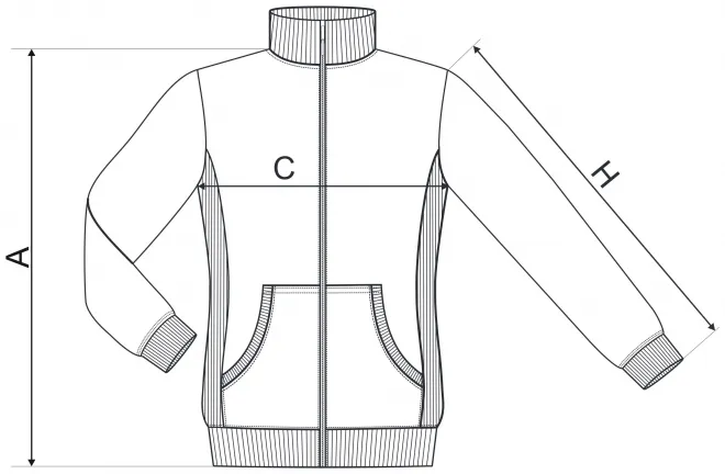 Dāmu sporta krekls bez kapuces - izmēru tabula