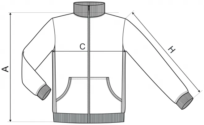 Vienkāršs vīriešu sporta krekls bez kapuces - izmēru tabula