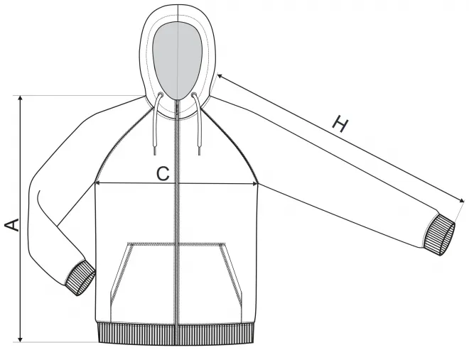 Vīriešu kontrastējošs sporta krekls ar kapuci - izmēru tabula