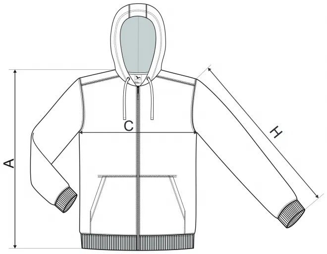 Vīriešu sporta krekls ar kapuci - izmēru tabula